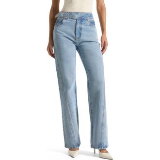Mani&egrave;re De Voir Loane Twist Leg Boyfriend Jeans With Waist Adjuster in Mid Blue at Nordstrom, Size 12
