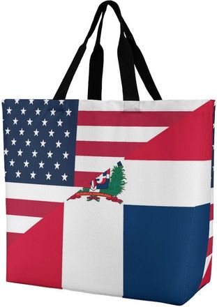 Generic U.S. And Dominican Republic Flag Reusable Shopping Bags Large Capacity Grocery Bag Heavy Duty Tote for Women 40x40x16cm