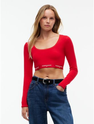 Tommy Hilfiger Womens Tommy Jeans Logo Tape Ribbed Crop Top - Lavish Red - L