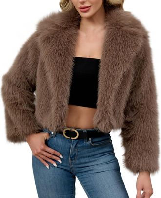 Generic Womens Faux Fur Cropped Coat Luxury Lapel Long Sleeve Fleece Jacket Plush Open Front Cardigan Windproof Outwear Coats Winter Warm Super Soft Thick Sho