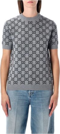 Gucci Round-neck Knitwear, female, Gray, Size: M Reversible GG Wool Jacquard Cardigan