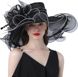 Generic Floral Organza Wedding Hats Womens Bride Wide Brim Sun Hat Ladies Summer Church Gauze Cap for Bridal Party Elegant Large Ladies Fedoras Holiday Black 