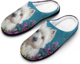 Generic West Highland Terrier in Flowers Funny Mens Cotton Slippers Soft Non-Slip Rubber Sole House Slipper Indoor Outdoor