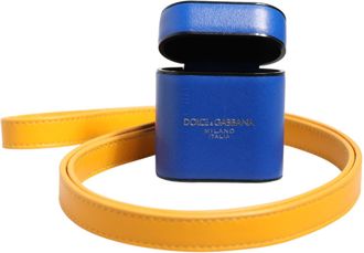 Dolce & Gabbana Blue Yellow Calfskin Leather Logo Strap Men Airpods Case Calf Pu Accessory
