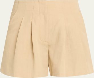 Veronica Beard Gables Pleated Linen-Blend Shorts