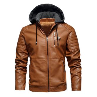 Generic Mens Leather Jackets Motorcycle Motorbike Biker Winter Jacket Sherpa Fleece Lined Long Sleeve Casual Hooded Vintage Jacket PU Faux Leather Coat Leathe