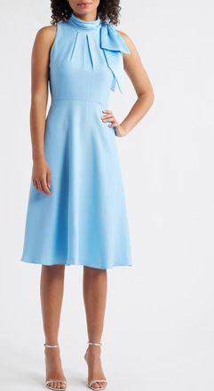 Eliza J Bow Mock Neck Fit & Flare Midi Dress in Light Blue at Nordstrom, Size 10