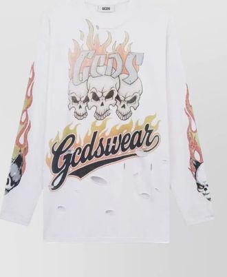 GCDS skull flame long sleeve graphic t shirt