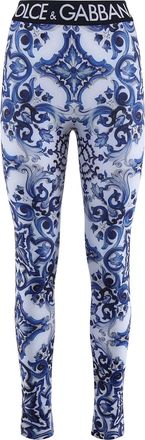 Dolce & Gabbana Multicolor Leggings With Logo Lettering On The Waist And All-over Maiolica Motif In Tech Fabric Woman
