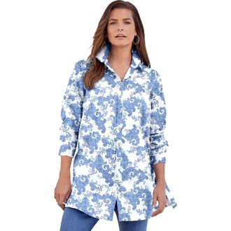 Roaman's Kate Long-Sleeve Crisp Cotton-Blend Button-Front Tunic in Pale Blue Paisley at Nordstrom, Size 36