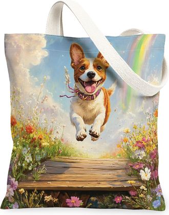 Generic Spring Basenji Dog Canvas Tote Bag for Shopping 13x15, Country Garden Puppy Reusable Grocery Print Pattern Bag for Women, Fun Flower Pet Beach Aesthet