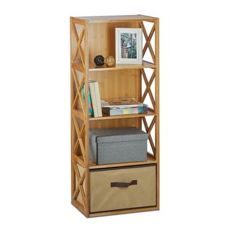 Relaxdays Relaxdays - Estanter&iacute;a Con Cesta De Almacenaje, Madera, Cuatro Estantes, Caja Plegable, 105 X 42 X 49 Cm, 1 Ud., Marr&oacute;n