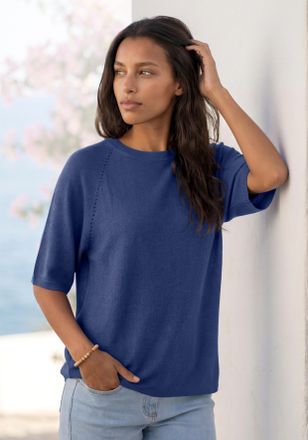 Vivance Kurzarmshirt VIVANCE mit Lochstrickmuster, Damen, Gr. 32/34, indigo, Feinstrick, Obermaterial: 85% Viskose (LENZING ECOVERO), 15% Polyester, unifarben