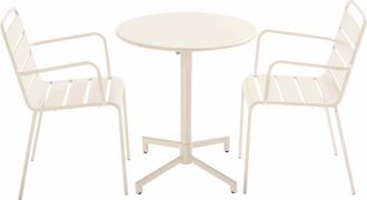 Oviala Conjunto de mesa de jard&iacute;n y 2 sillones en metal color marfil