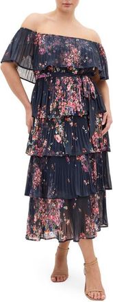 City Chic Night Garden Off the Shoulder Tiered Midi Dress in Royal Blue at Nordstrom, Size Xxxs