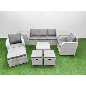 Fimous Fimous PE Rattan Garden Furniture Set Reclining Chair Sofa Lounge Sofa Set Square Coffee Table 2 Side Table 3 Stools Light Grey
