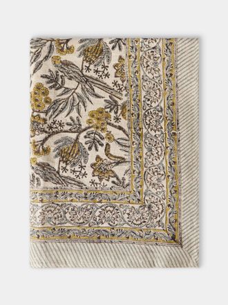 Chamois Parrot Block-Printed Linen Rectangular Tablecloth (90.5in/2.3m)