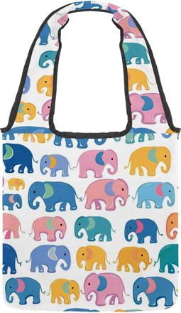 Generic Cute Pink Blue Elephants Reversible Canvas Shoulder Tote - Double-Sided Print, 12oz Cotton, 27cm Drop, Fold-Flat Bag for Travel, Shopping, Street Outi