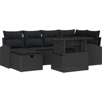 vidaXL Conjunto De Sof&aacute; De Jard&iacute;n Con Coj&iacute;n 7 Pcs Negro Polirat&aacute;n