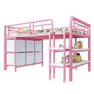 STILVORA Letto A Soppalco Per Bambini Singolo Con Contenitore, Cassetti E Scaffali, 90 &times; 200 Cm, Senza Materasso, Rosa