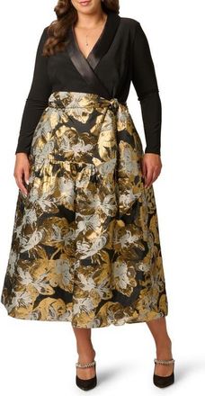 Adrianna Papell Jacquard Shawl Collar Dress in Black/gold at Nordstrom, Size 22W
