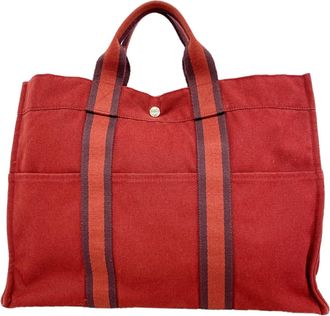 Herm&egrave;s Red Color Canvas Tote Bag (Pre-Owned)