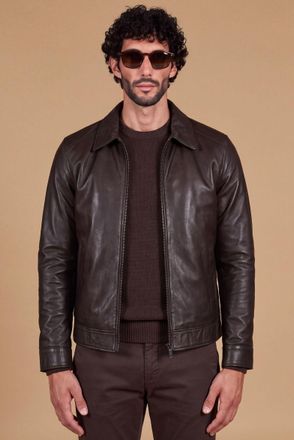 D'Arienzo Giacca in pelle testa di moro effetto vintage collo camicia DArienzo, Seleziona Taglia 46, Colore Testa di moro