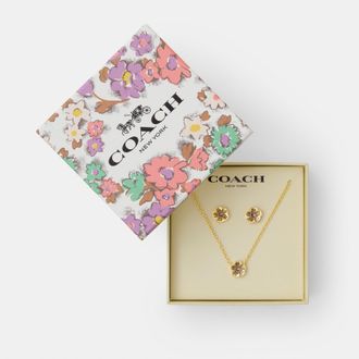 Coach Womens Tea Rose Pendant Necklace and Earrings Gift Set - Gold Metal - One Size