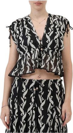 Sabina Mus&aacute;yev Top met reli&euml;f en brede schouders - Dames - Blouses - Zwart - S - Polyester - Overhemden