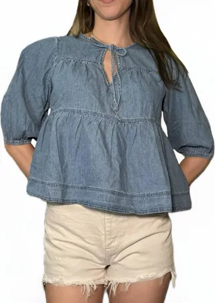Mustard Seed Ruffle Hem Tie Closure Denim Top In Blue