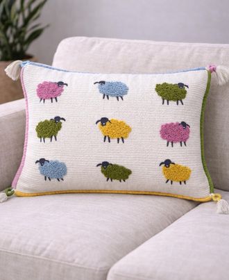 Vibhsa Whimsical Sheep Embroidered Decorative Lumbar Pillow, 14 x 20