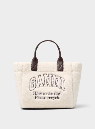 Ganni Womens Small high-pile fleece embroidered logo Tote Bag