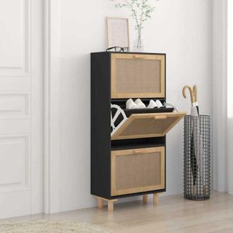 vidaXL Scarpiera Nero 52x25x115cm Legno Multistrato e Rattan Naturale - Vidaxl
