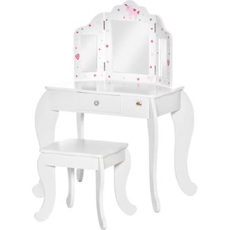 HOMCOM Toeletta per Bambini con Triplo Specchio Sgabello in Legno e Cassetto