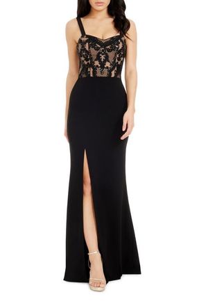 Dress The Population Monique Sequin Lace Bodice Gown in Black/Beige at Nordstrom, Size Xx-Small