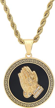 Steeltime HMY JEWELRY Stainless Steel Enamel Prayer Hands Pendant Necklace in Gold/black at Nordstrom Rack