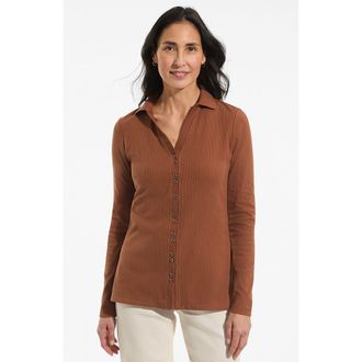 Lands End Long Sleeve Polished Rib Button Through Tunic Shirt in Rich Ginger Brown at Nordstrom, Size X-Small P