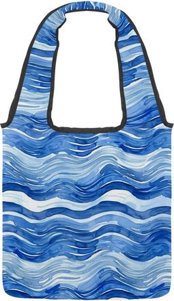 Generic Waves Blue Patten Reversible Canvas Shoulder Tote - Double-Sided Print, 12oz Cotton, 27cm Drop, Fold-Flat Bag for Travel, Shopping, Street Outings