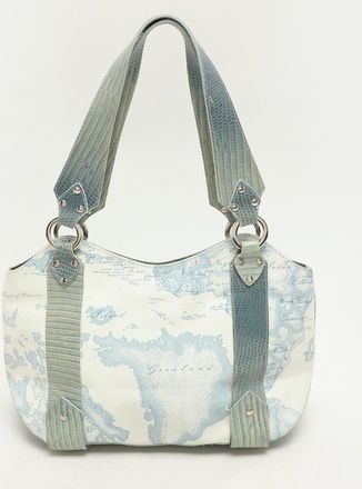 Alviero Martini 1A Classe Blue Geo Print Coated Canvas Vintage Shoulder Bag