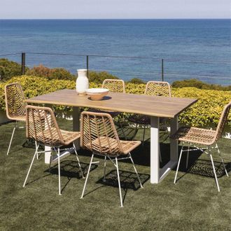 Sklum Set De Mesa Rectangular 180x90 Cm En Madera De Acacia Y Acero Maupi Y 6 Sillas De Jard&iacute;n En Rat&aacute;n Sint&eacute;tico Gouda Natural Sklum