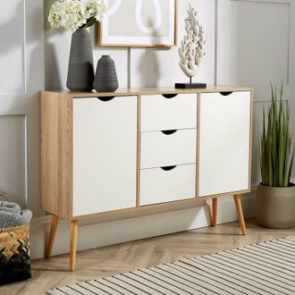 Home Source Industries Home Source - Sideboard Oak White Storage Cabinet 2 Door 3 Drawer Cupboard Solid Wood Legs