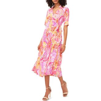 Chaus Print Faux Wrap Midi Dress in White/fuchsia/mustard at Nordstrom, Size Medium