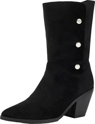 Generic Womens Mid Calf Boots Pointed Toe High Chunky Heel With Button Detail And A Convertible Fold Over Cuff