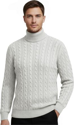 Janisramone Mens High Polo Roll Neck Jumper, Long Sleeve Cable Knitted Pullover Winter Jumpers for Men UK, Casual Turtle Neck Sweaters Grey