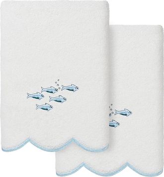Linum Home Textiles 100% Turkish Cotton Fish School Scallop 2Pc Embellished Hand Towel Set