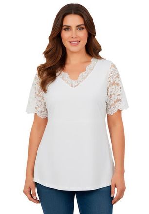 Jessica London Lace Trim V-neck Top in White at Nordstrom, Size Medium