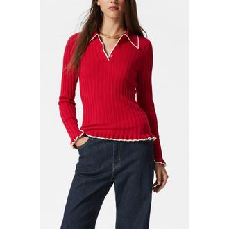& Other Stories Tipped Ribbed Ruffle Trim Polo Sweater in Red Medium at Nordstrom Rack, Size X-Large