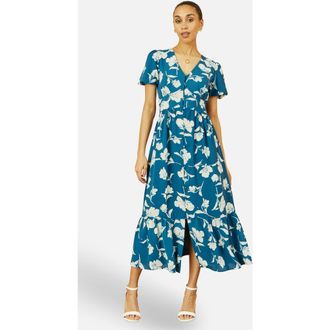 Yumi Floral Button Down Floral Midi Dress in Teal at Nordstrom, Size 10
