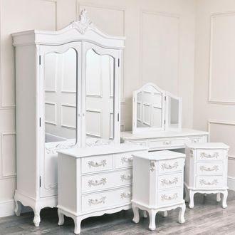 Melody Maison Large Double Wardrobe, Dressing Table Set, Chest Of Drawers & Pair Of 3 Drawer Bedside Tables - Pays Blanc Range in White