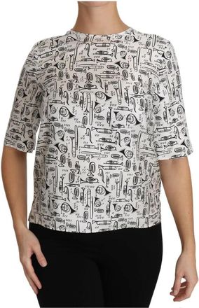 Dolce & Gabbana Muziekinstrumenten Zijden Blouse - Dames - Blouses - Wit - 2XS - Overhemden